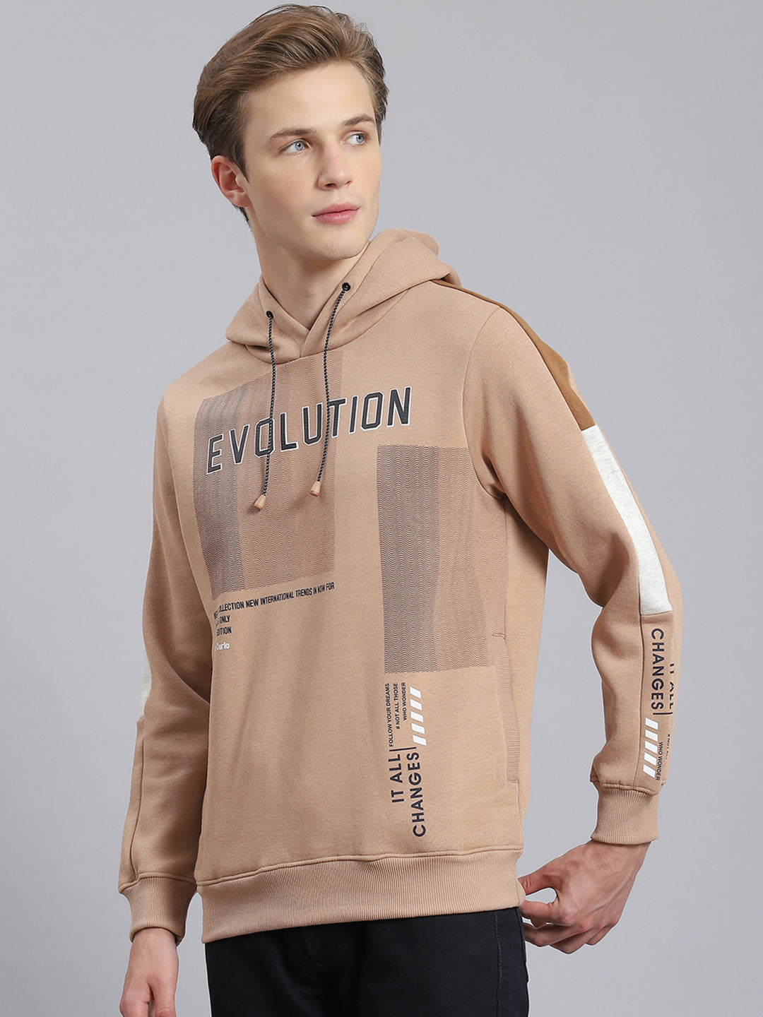 Men Brown Printed Hooded Full Sleeve Sweatshirt