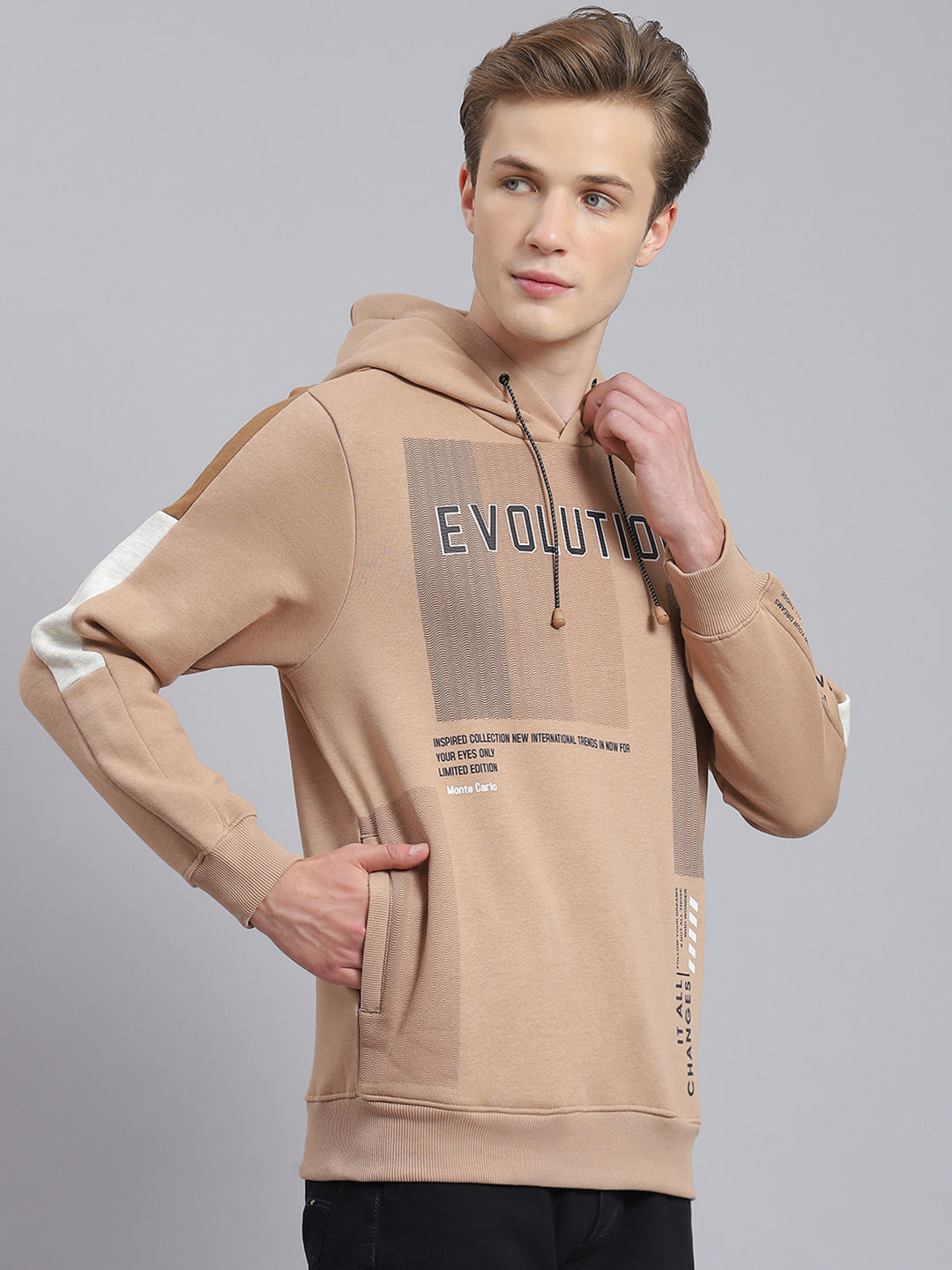 Men Brown Printed Hooded Full Sleeve Sweatshirt