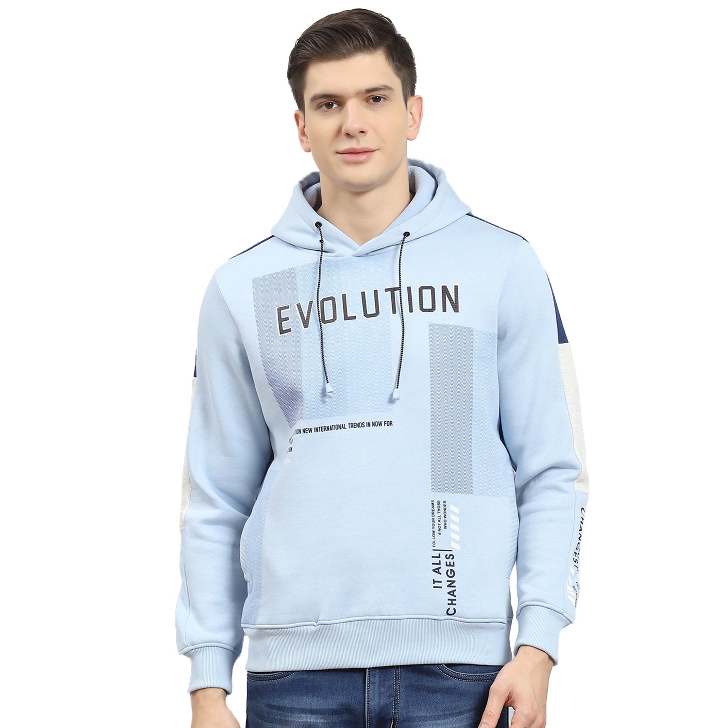 Men Blue Printed Hooded Full Sleeve Sweatshirt