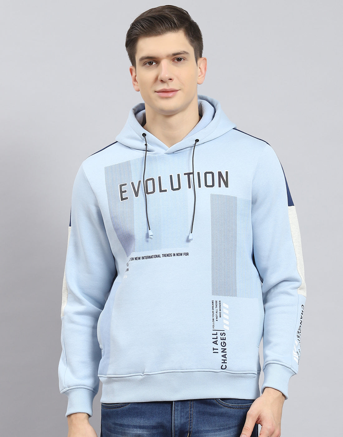 Men Blue Printed Hooded Full Sleeve Sweatshirt