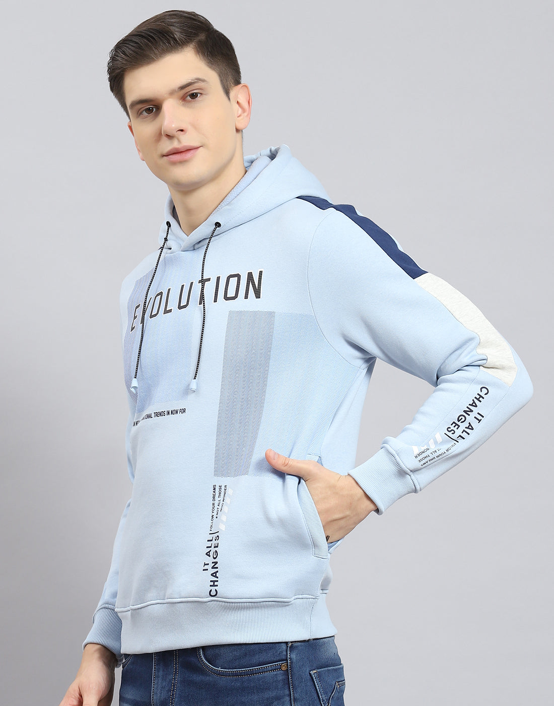 Men Blue Printed Hooded Full Sleeve Sweatshirt