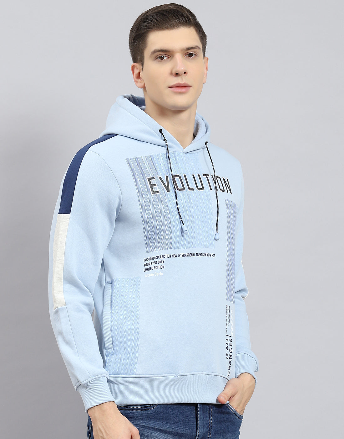 Men Blue Printed Hooded Full Sleeve Sweatshirt