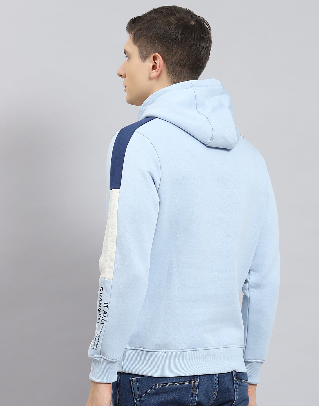 Men Blue Printed Hooded Full Sleeve Sweatshirt