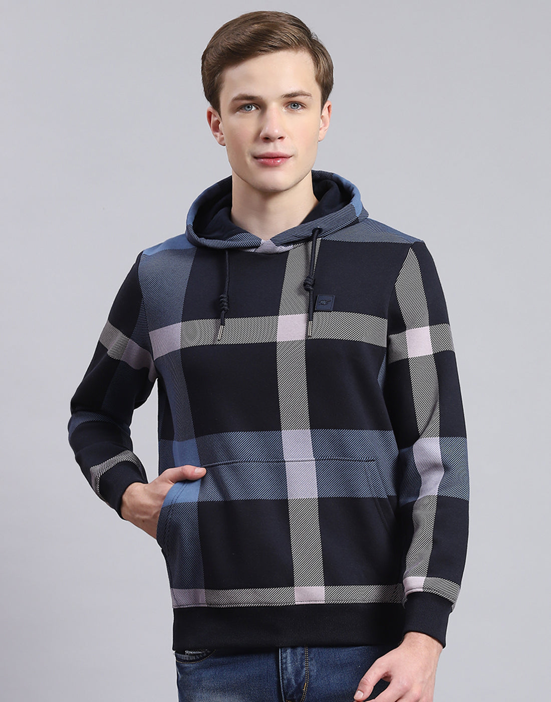 Men Navy Blue Check Hooded Full Sleeve Sweatshirt