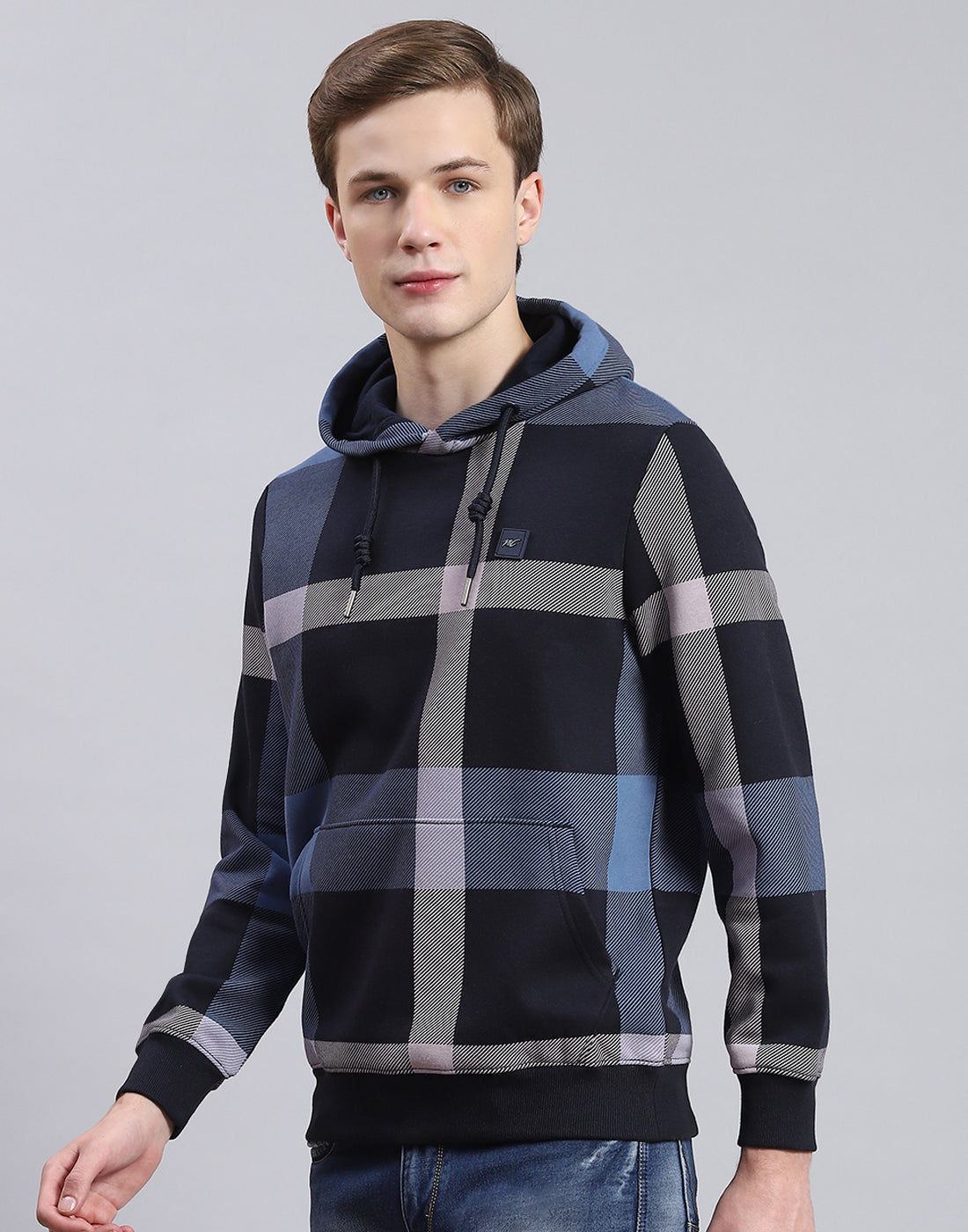 Men Navy Blue Check Hooded Full Sleeve Sweatshirt