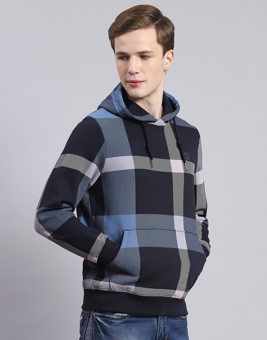 Men Navy Blue Check Hooded Full Sleeve Sweatshirt