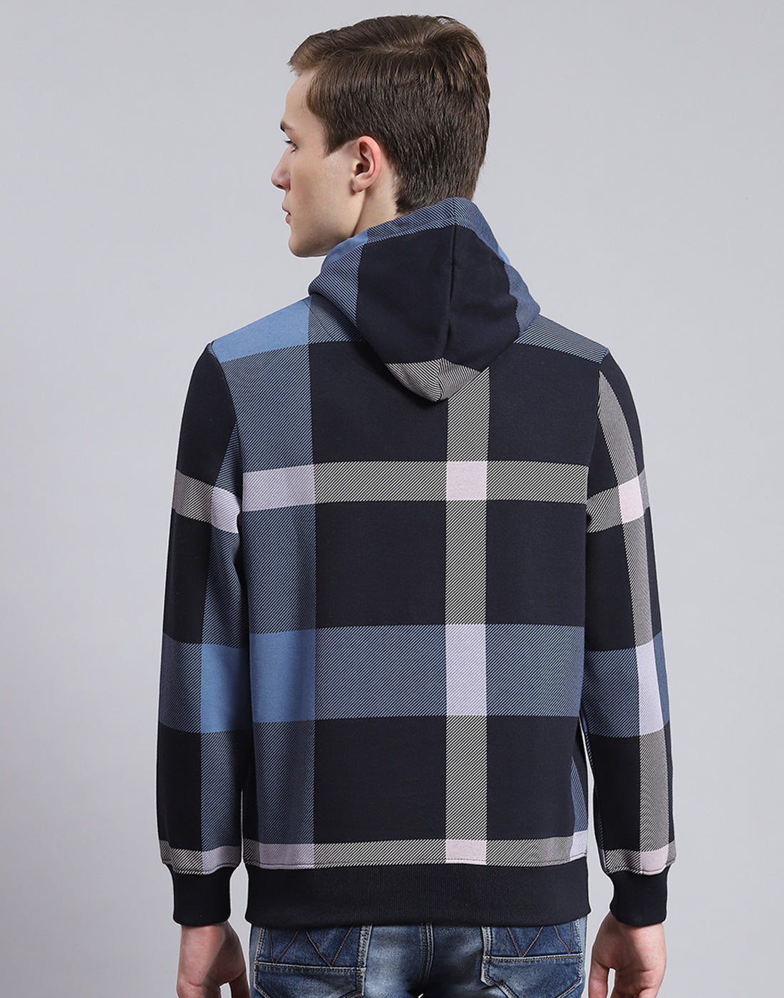 Men Navy Blue Check Hooded Full Sleeve Sweatshirt