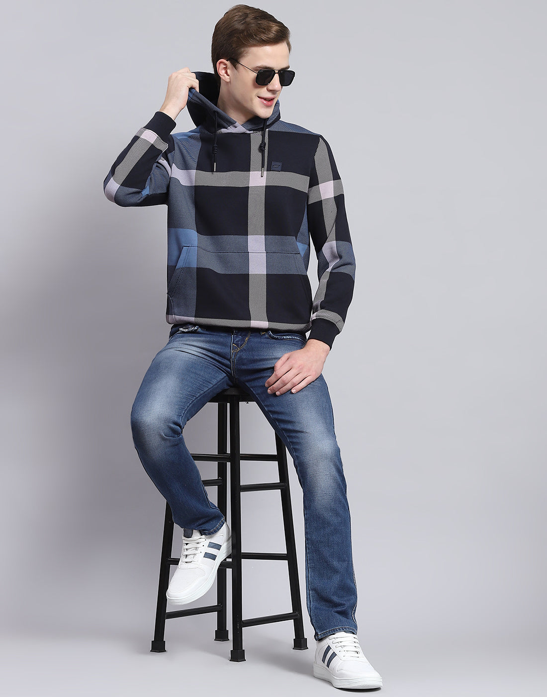 Men Navy Blue Check Hooded Full Sleeve Sweatshirt