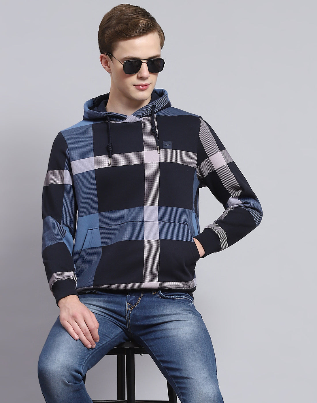 Men Navy Blue Check Hooded Full Sleeve Sweatshirt