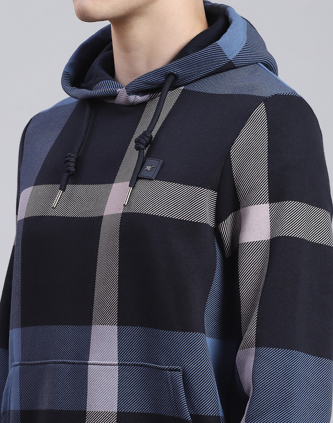 Men Navy Blue Check Hooded Full Sleeve Sweatshirt