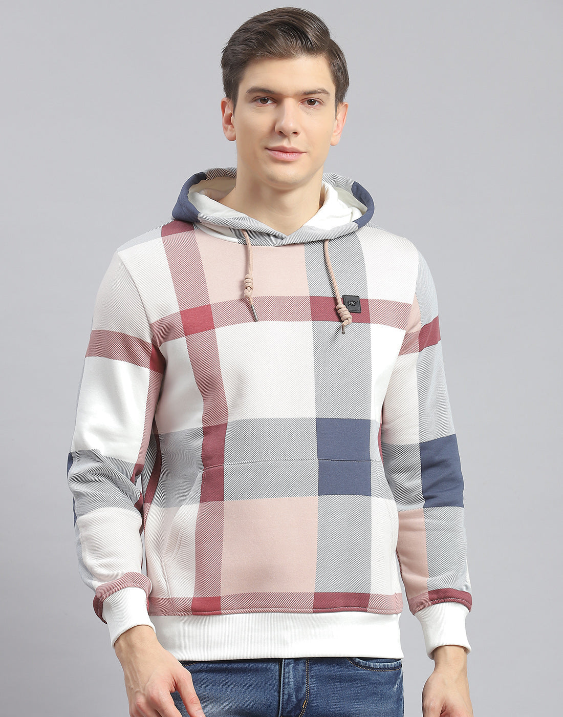 Men Off White Check Hooded Full Sleeve Sweatshirt