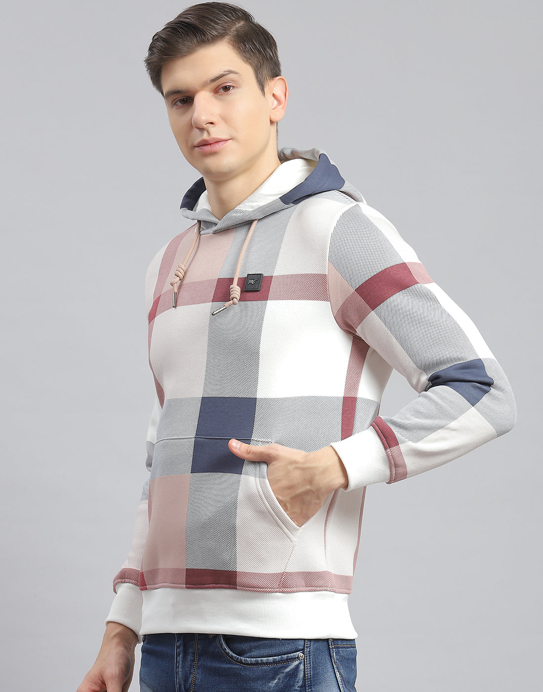 Men Off White Check Hooded Full Sleeve Sweatshirt