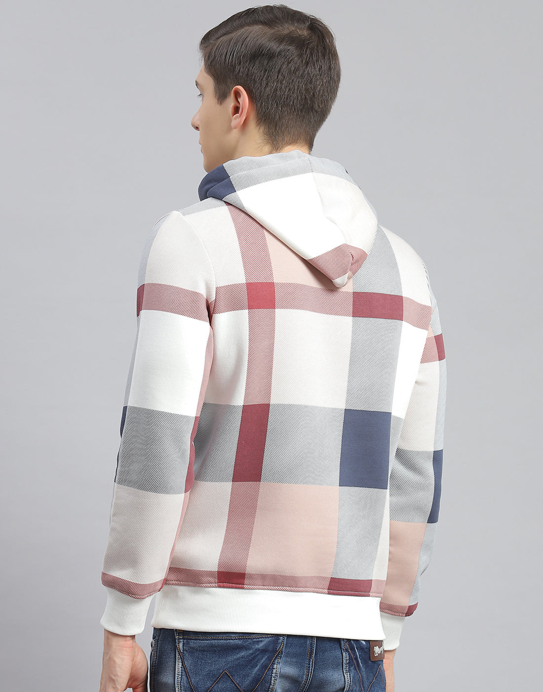 Men Off White Check Hooded Full Sleeve Sweatshirt