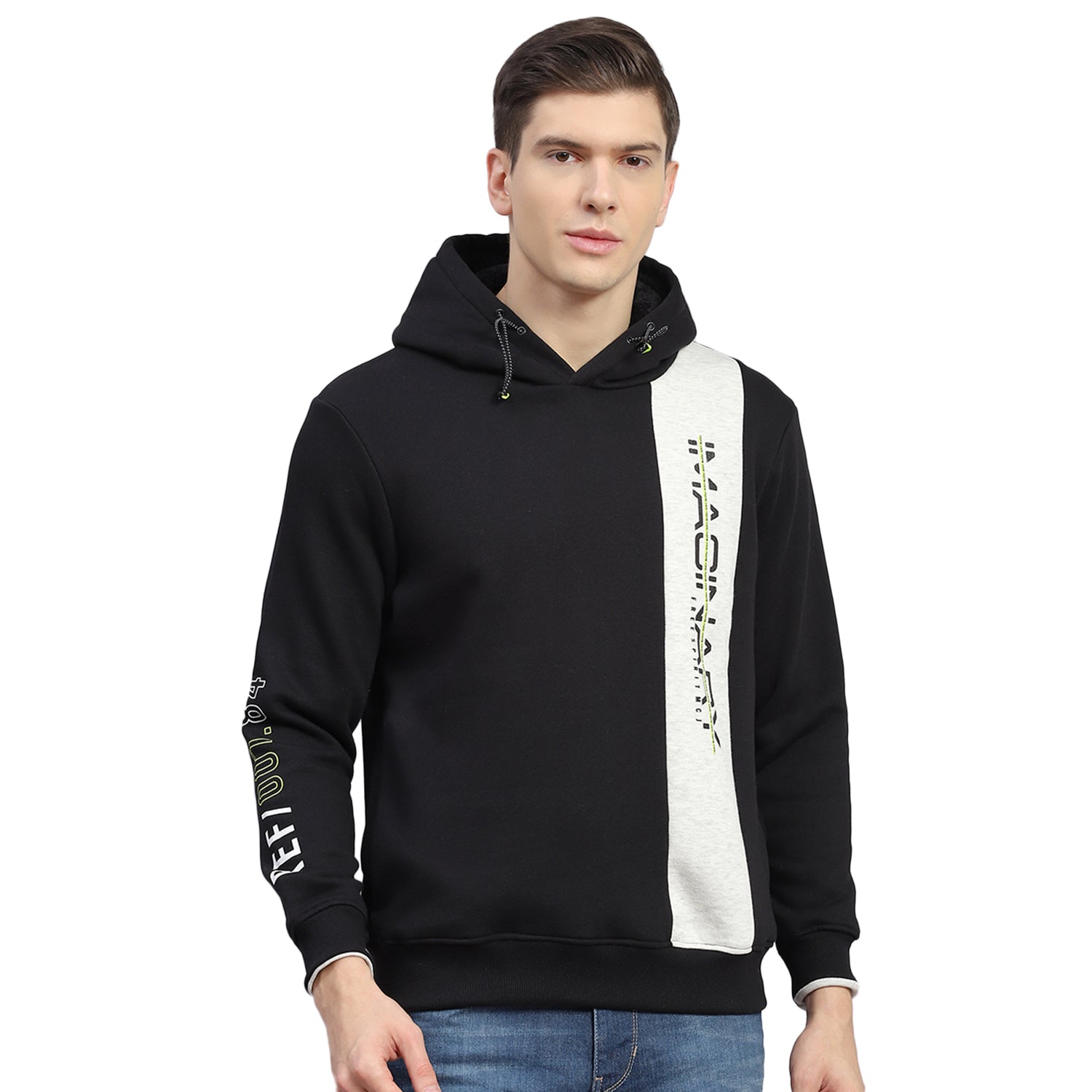 Men Black Printed Hooded Full Sleeve Sweatshirt