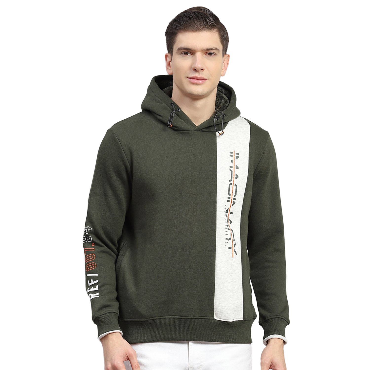 Men Olive Printed Hooded Full Sleeve Sweatshirt