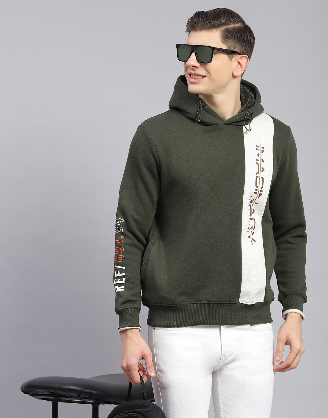 Men Olive Printed Hooded Full Sleeve Sweatshirt