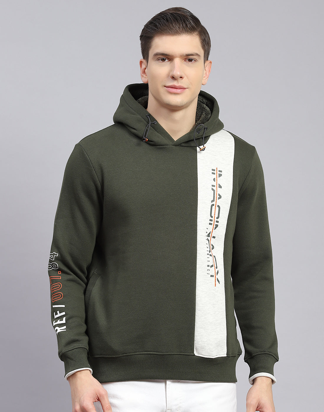 Men Olive Printed Hooded Full Sleeve Sweatshirt