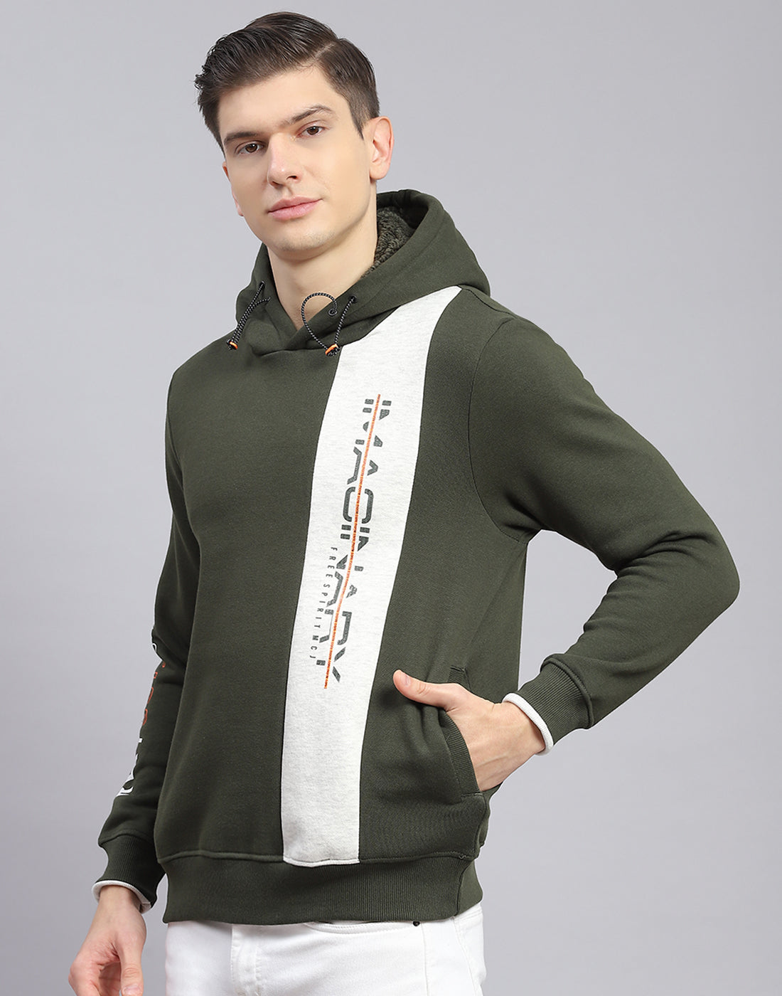 Men Olive Printed Hooded Full Sleeve Sweatshirt