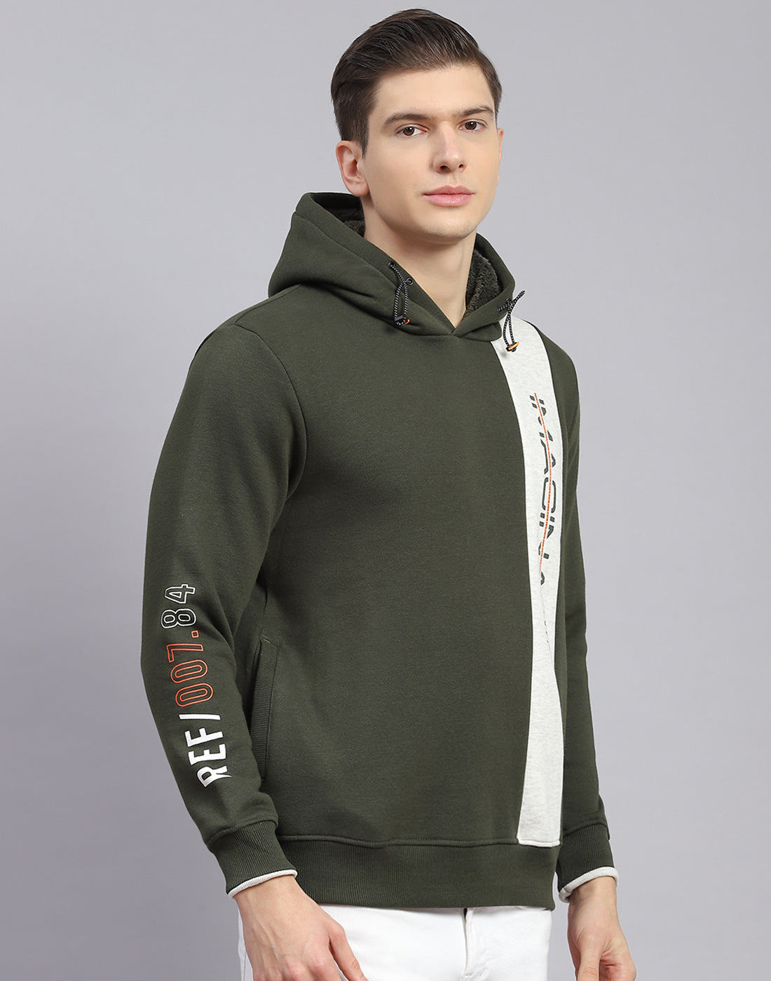 Men Olive Printed Hooded Full Sleeve Sweatshirt