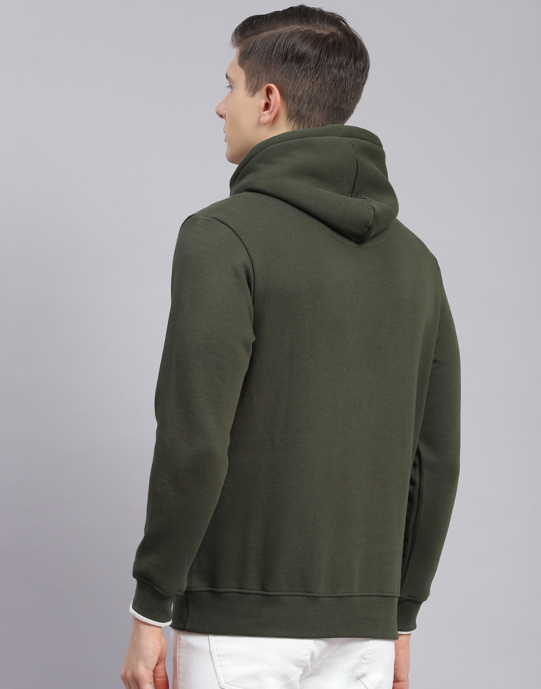 Men Olive Printed Hooded Full Sleeve Sweatshirt