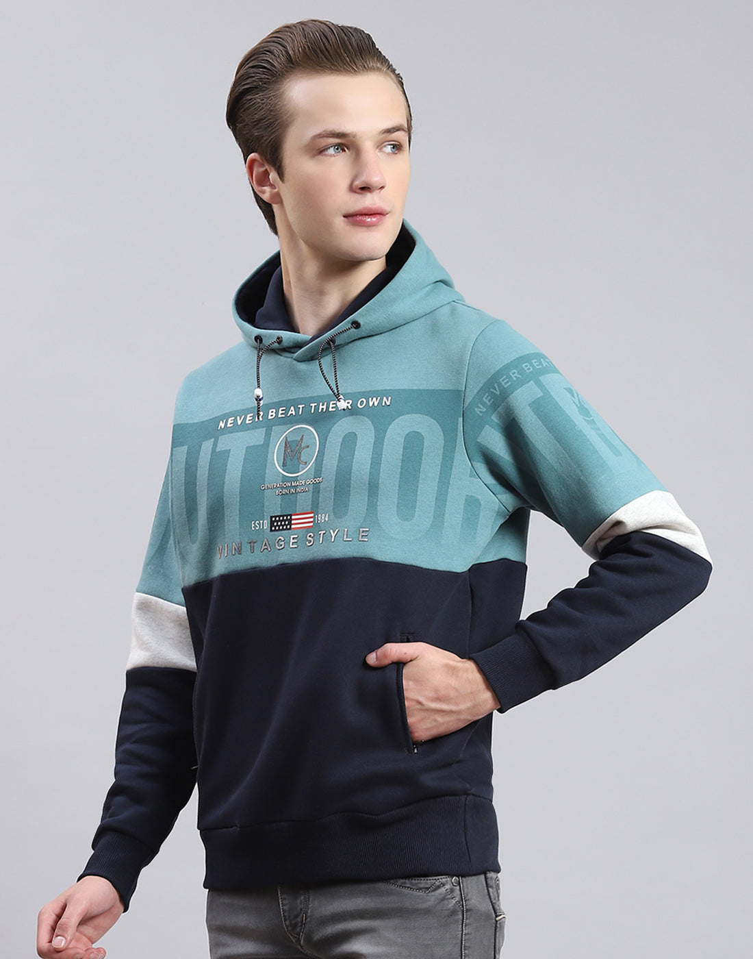 Men Navy Blue Printed Hooded Full Sleeve Sweatshirt