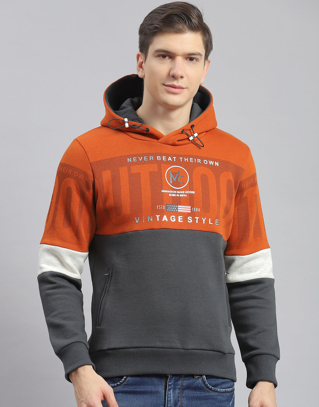 Men Rust Printed Hooded Full Sleeve Sweatshirt