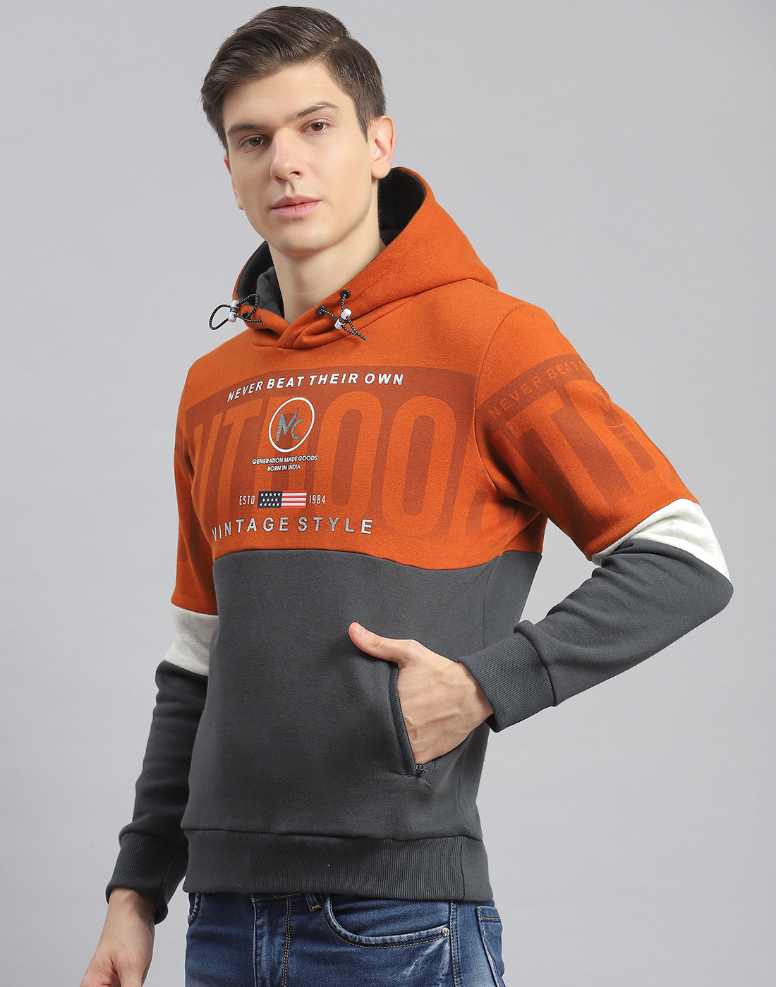 Men Rust Printed Hooded Full Sleeve Sweatshirt