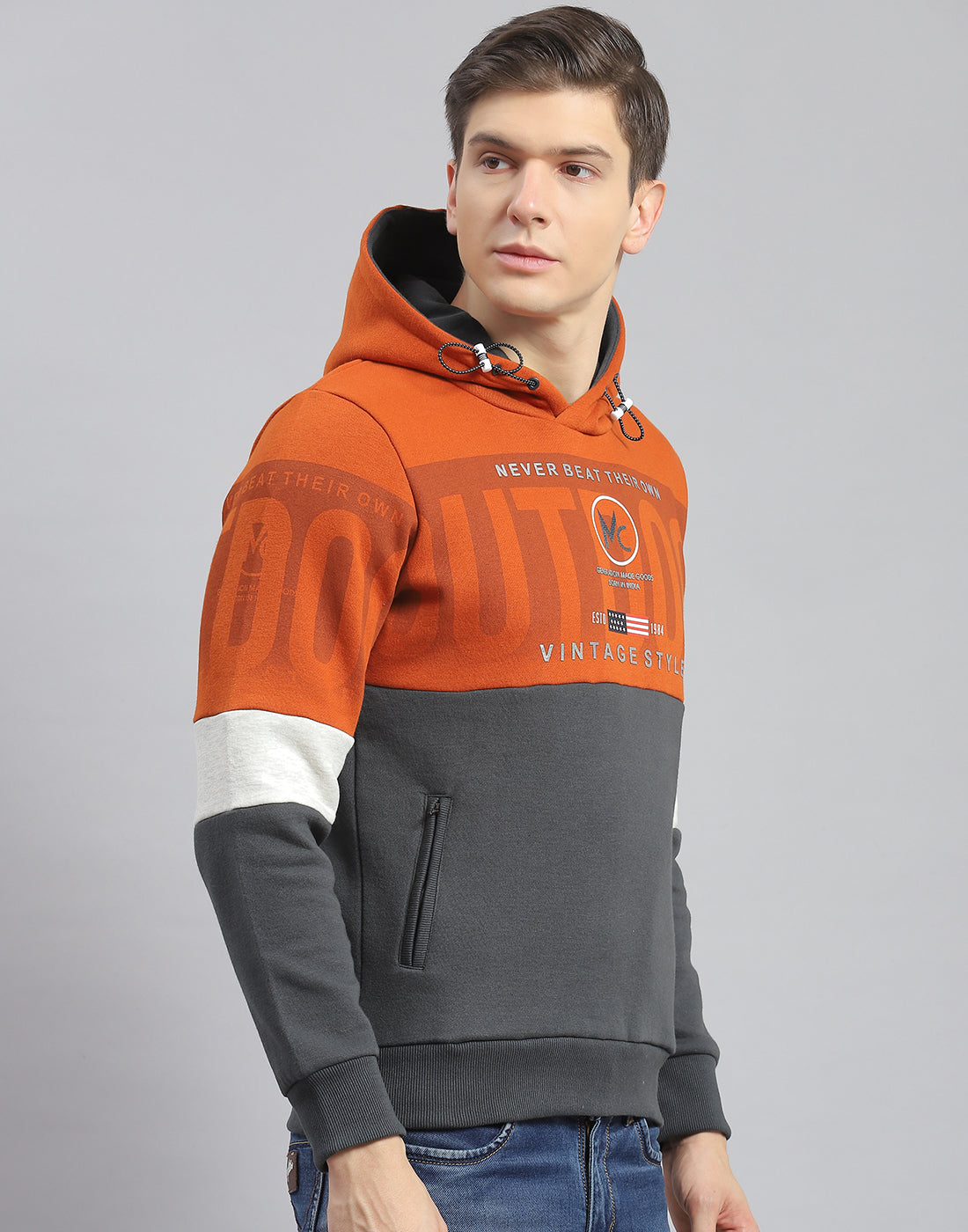 Men Rust Printed Hooded Full Sleeve Sweatshirt