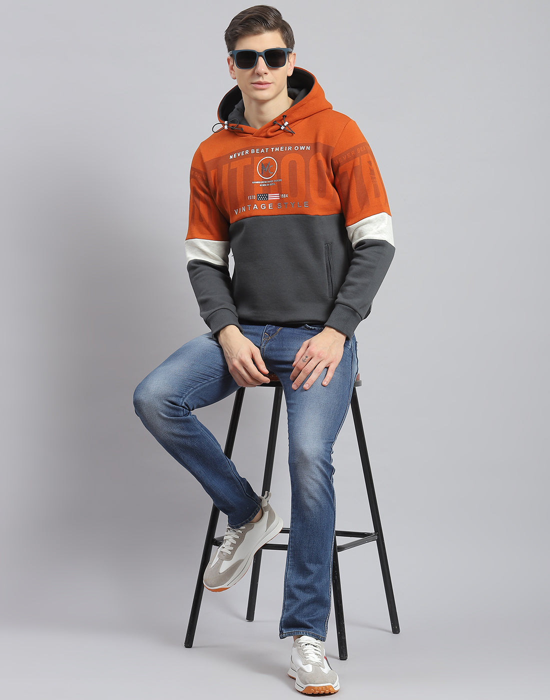 Men Rust Printed Hooded Full Sleeve Sweatshirt