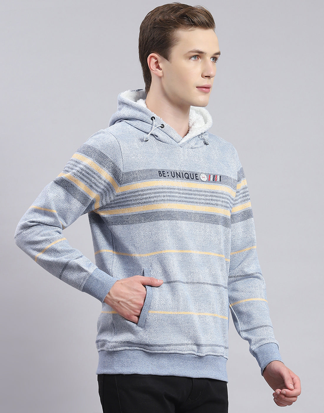 Men Blue Stripe Hooded Full Sleeve Sweatshirt