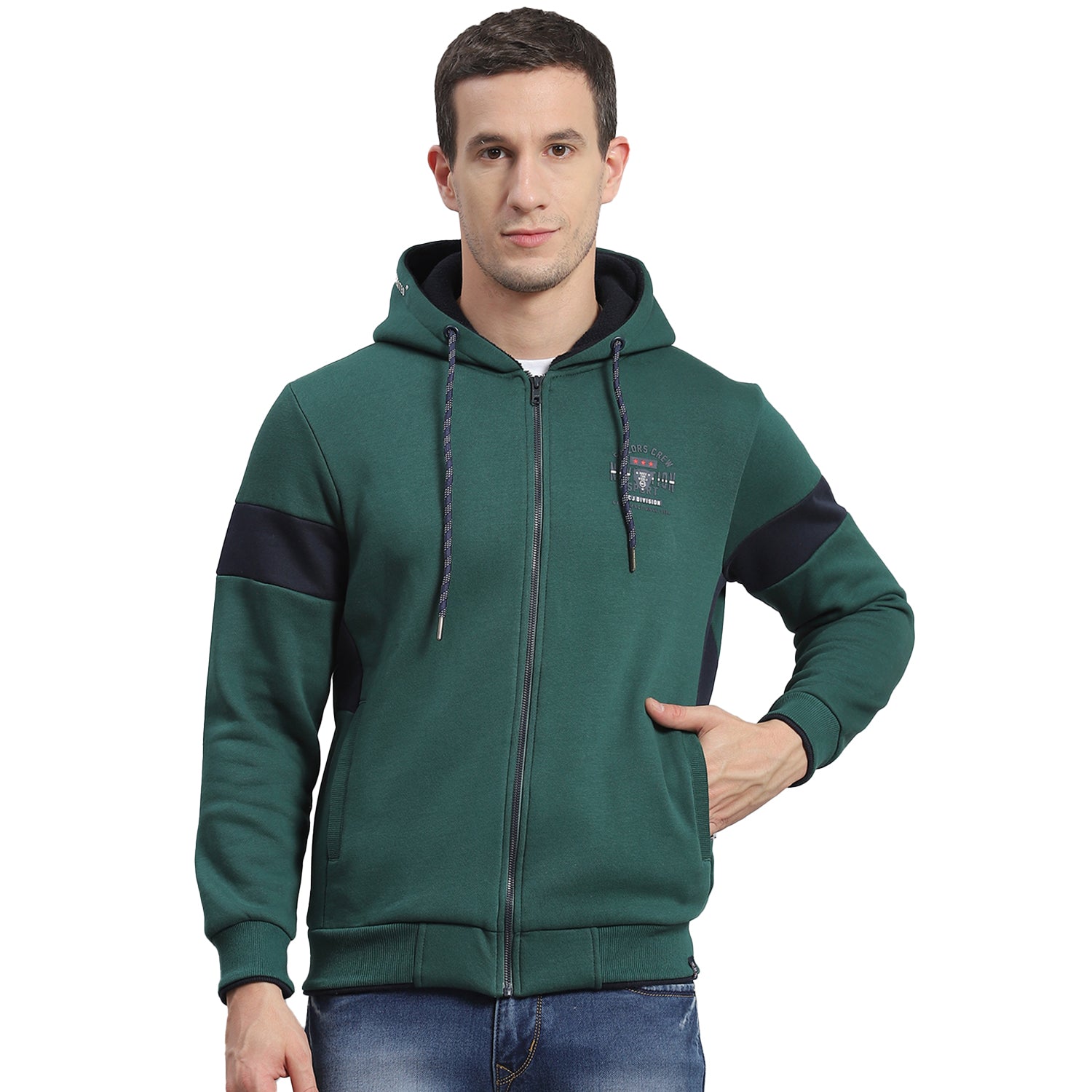 Men Green Solid Hooded Full Sleeve Sweatshirt