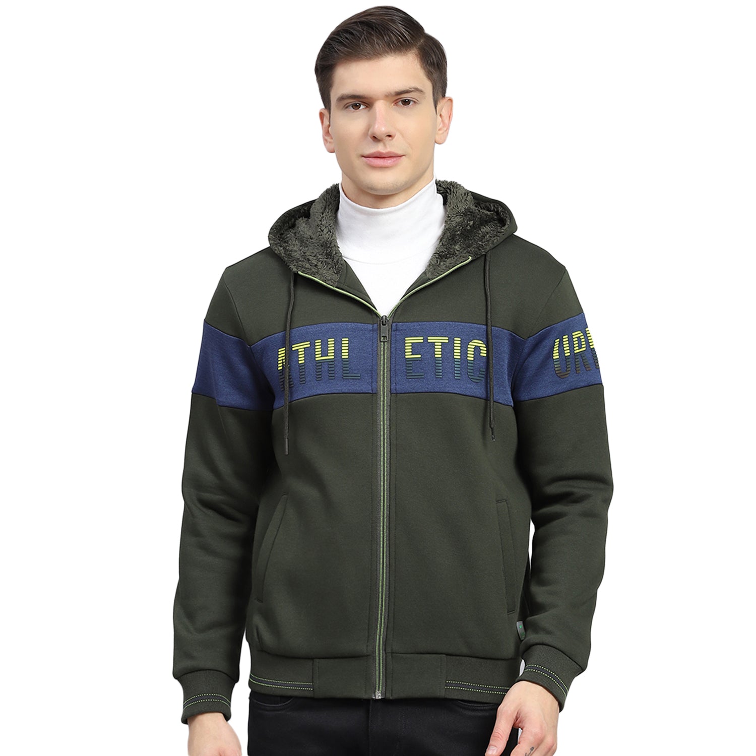 Men Olive Solid Hooded Full Sleeve Sweatshirt