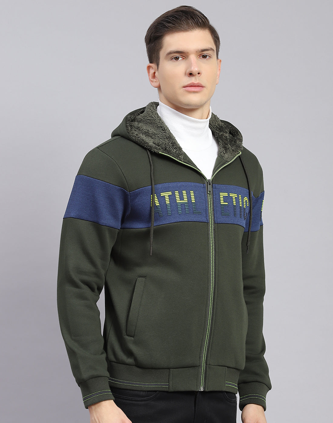 Men Olive Solid Hooded Full Sleeve Sweatshirt