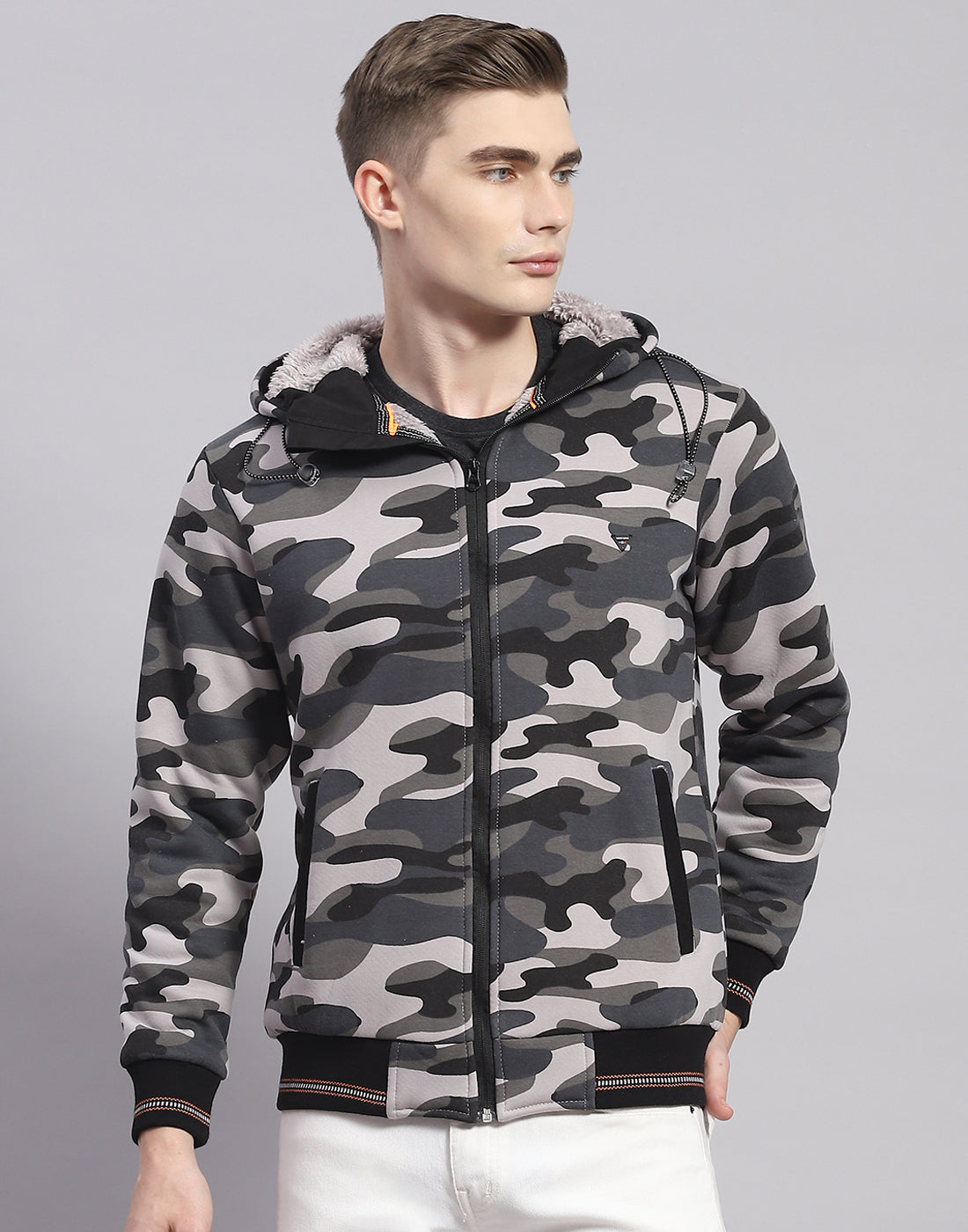 Men Grey Printed Hooded Full Sleeve Sweatshirt