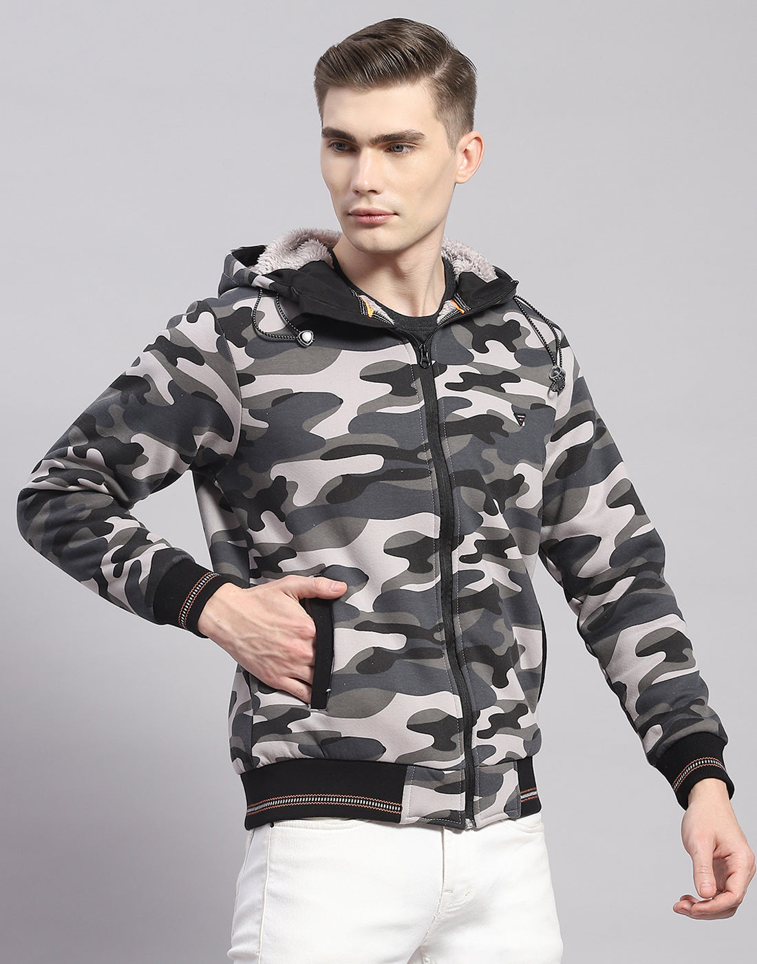 Men Grey Printed Hooded Full Sleeve Sweatshirt