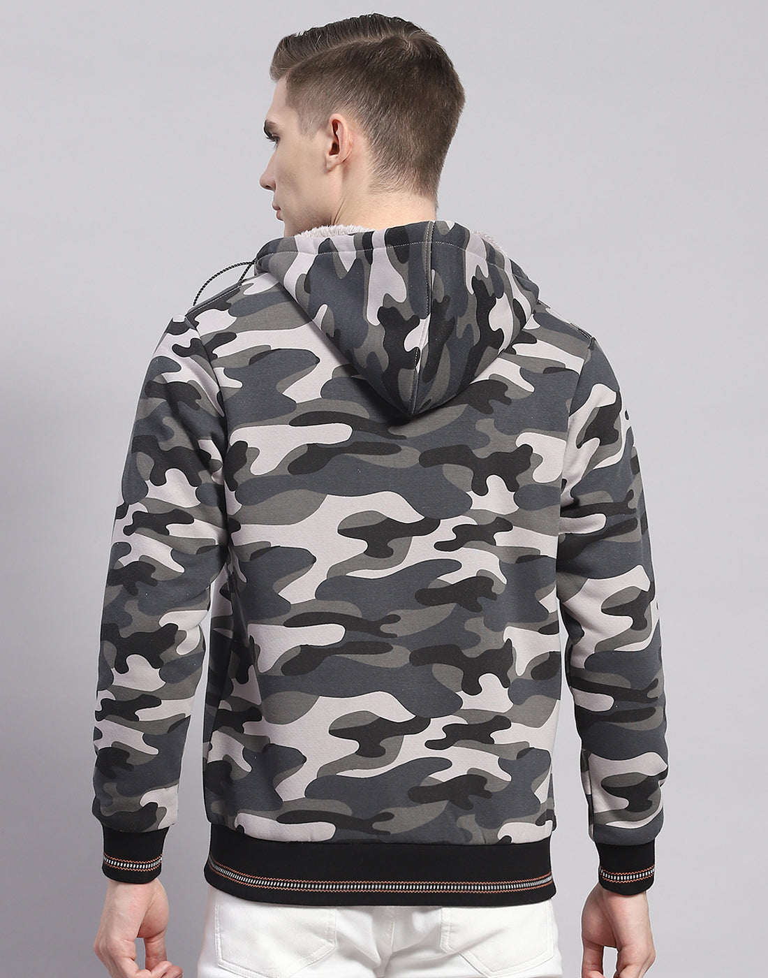 Men Grey Printed Hooded Full Sleeve Sweatshirt