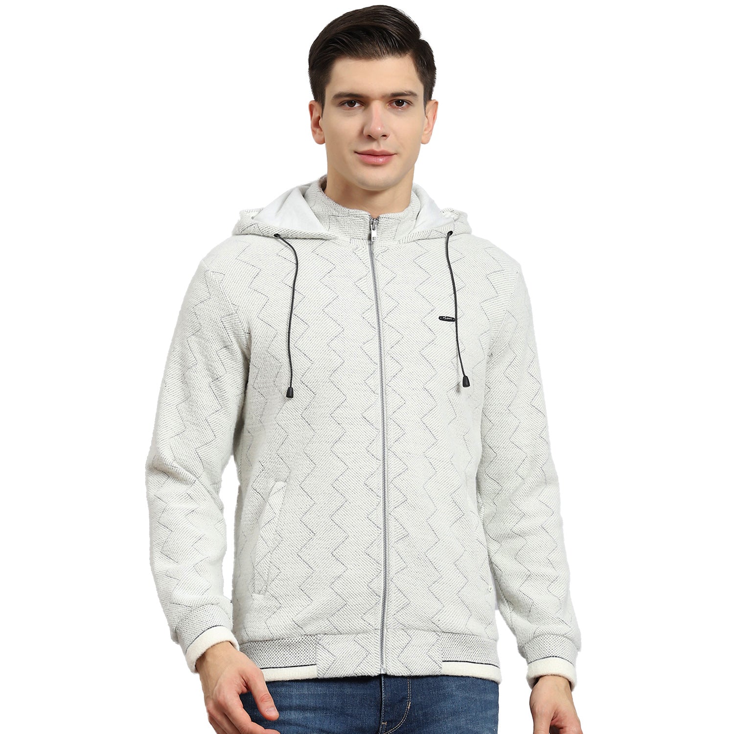 Men Grey Self Design Hooded Full Sleeve Sweatshirt