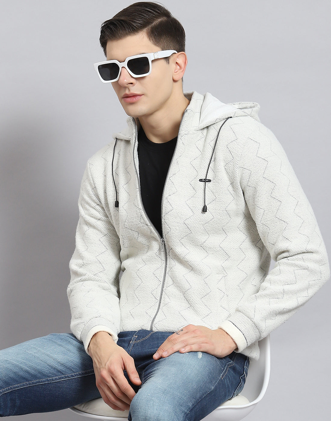 Men Grey Self Design Hooded Full Sleeve Sweatshirt