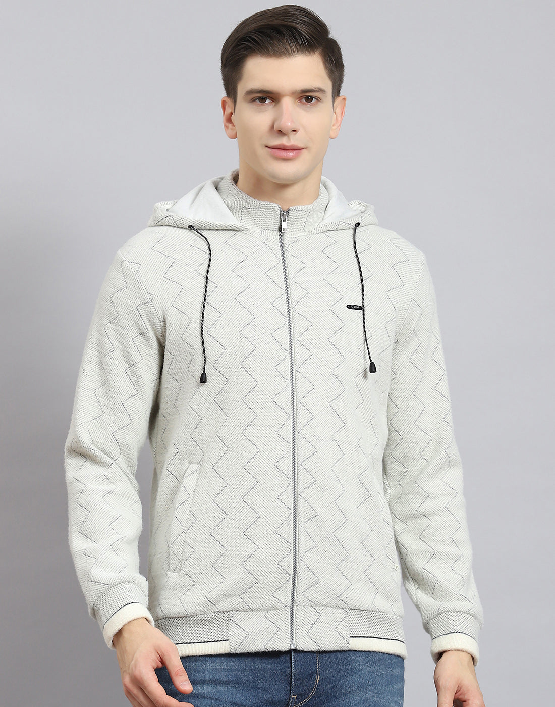 Men Grey Self Design Hooded Full Sleeve Sweatshirt