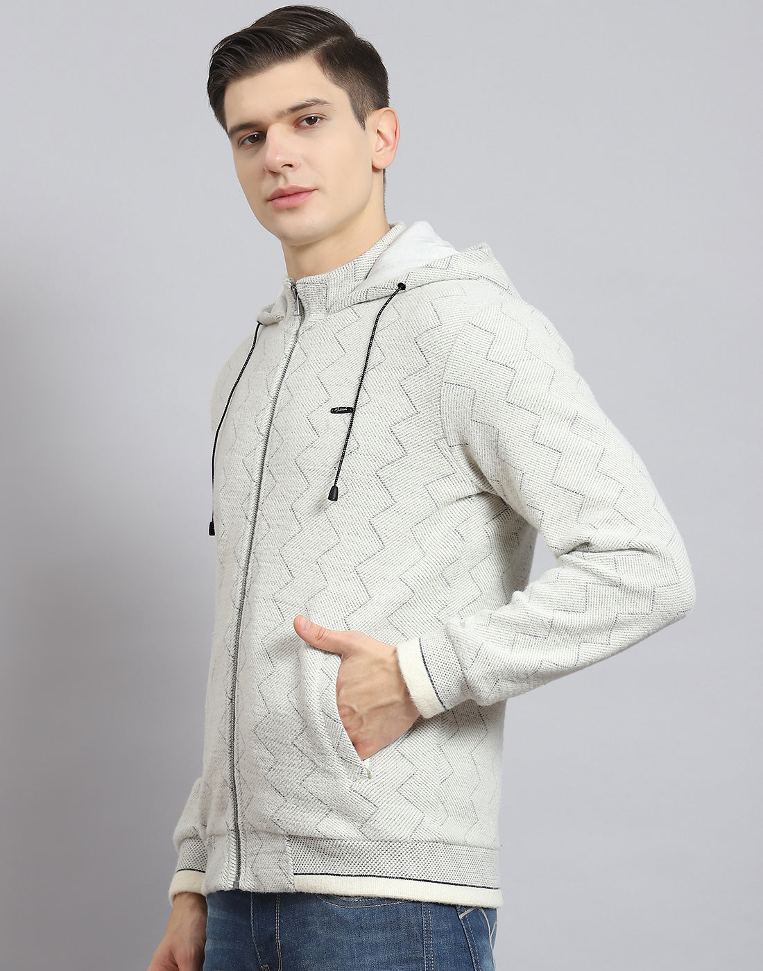 Men Grey Self Design Hooded Full Sleeve Sweatshirt