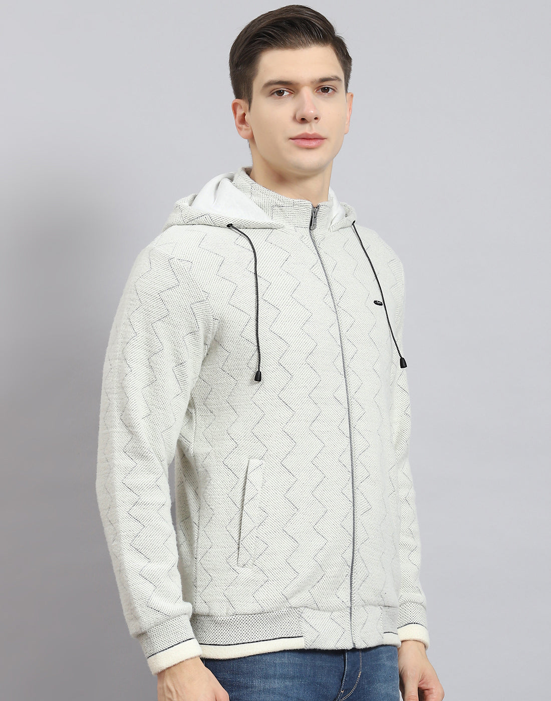 Men Grey Self Design Hooded Full Sleeve Sweatshirt