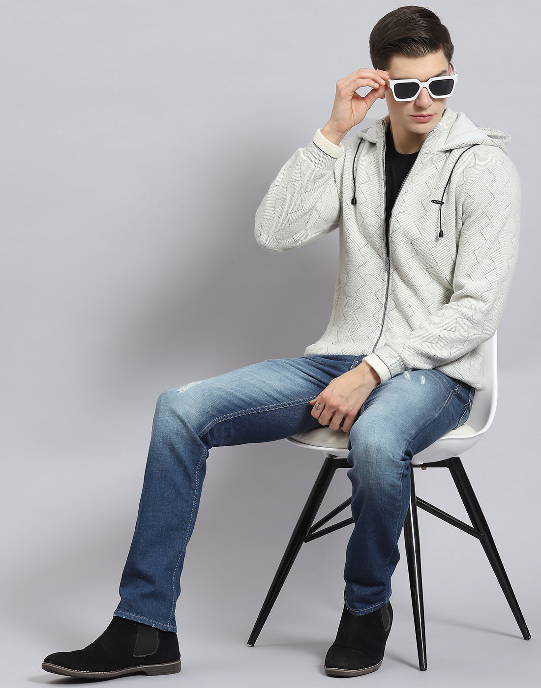 Men Grey Self Design Hooded Full Sleeve Sweatshirt