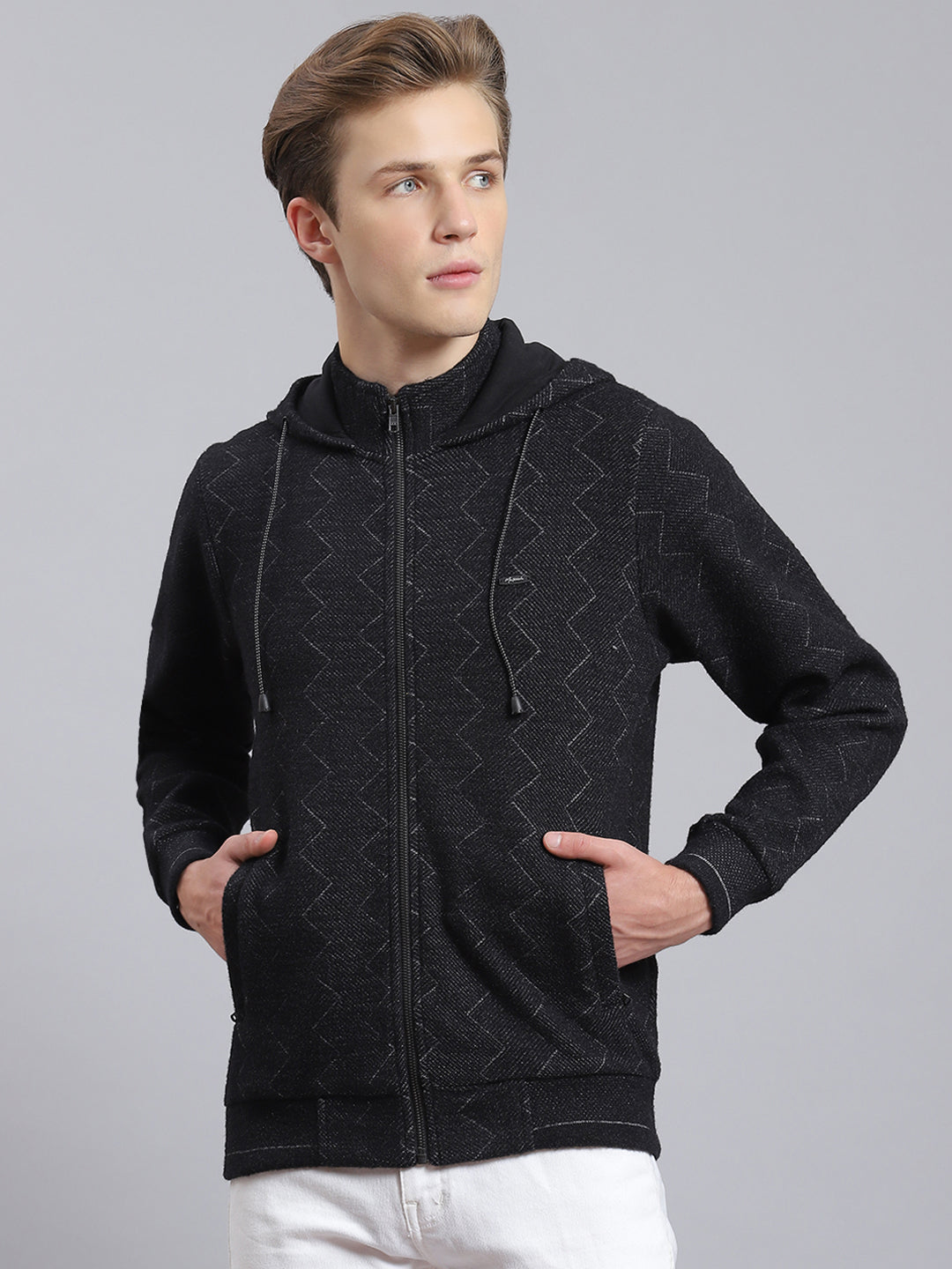 Men Black Self Design Hooded Full Sleeve Sweatshirt