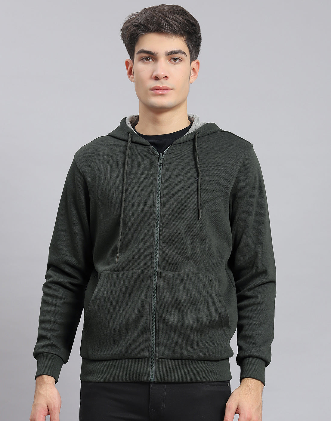 Men Olive Solid Hooded Full Sleeve Reversible Sweatshirt