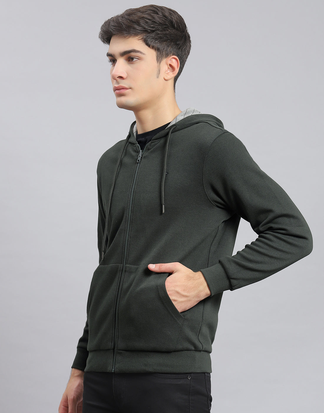 Men Olive Solid Hooded Full Sleeve Reversible Sweatshirt