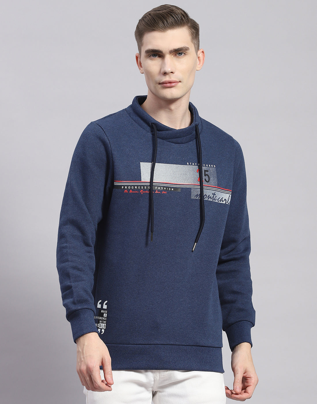 Men Blue Printed F Neck Full Sleeve Sweatshirt