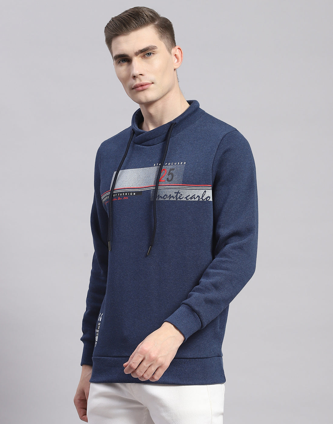 Men Blue Printed F Neck Full Sleeve Sweatshirt