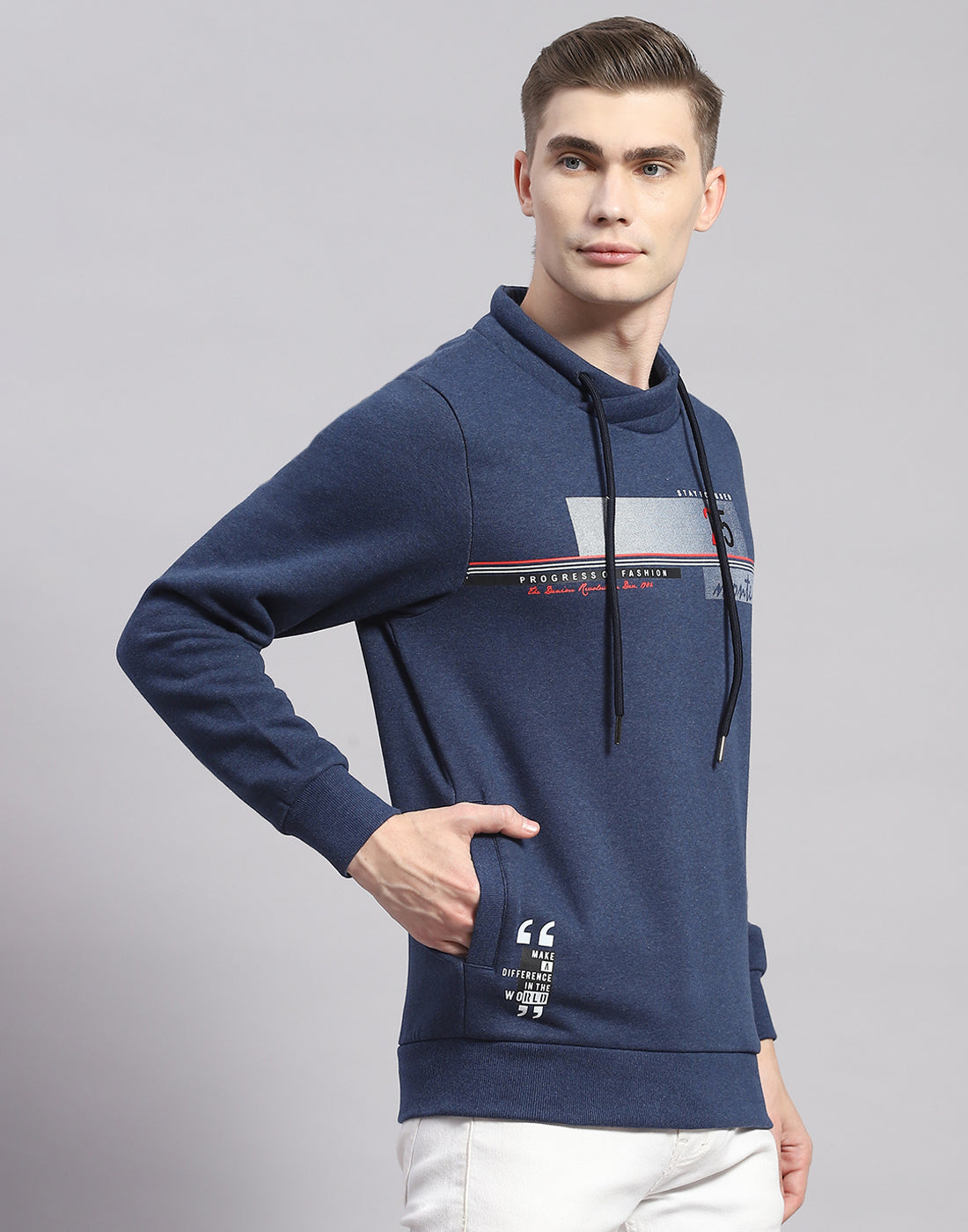 Men Blue Printed F Neck Full Sleeve Sweatshirt