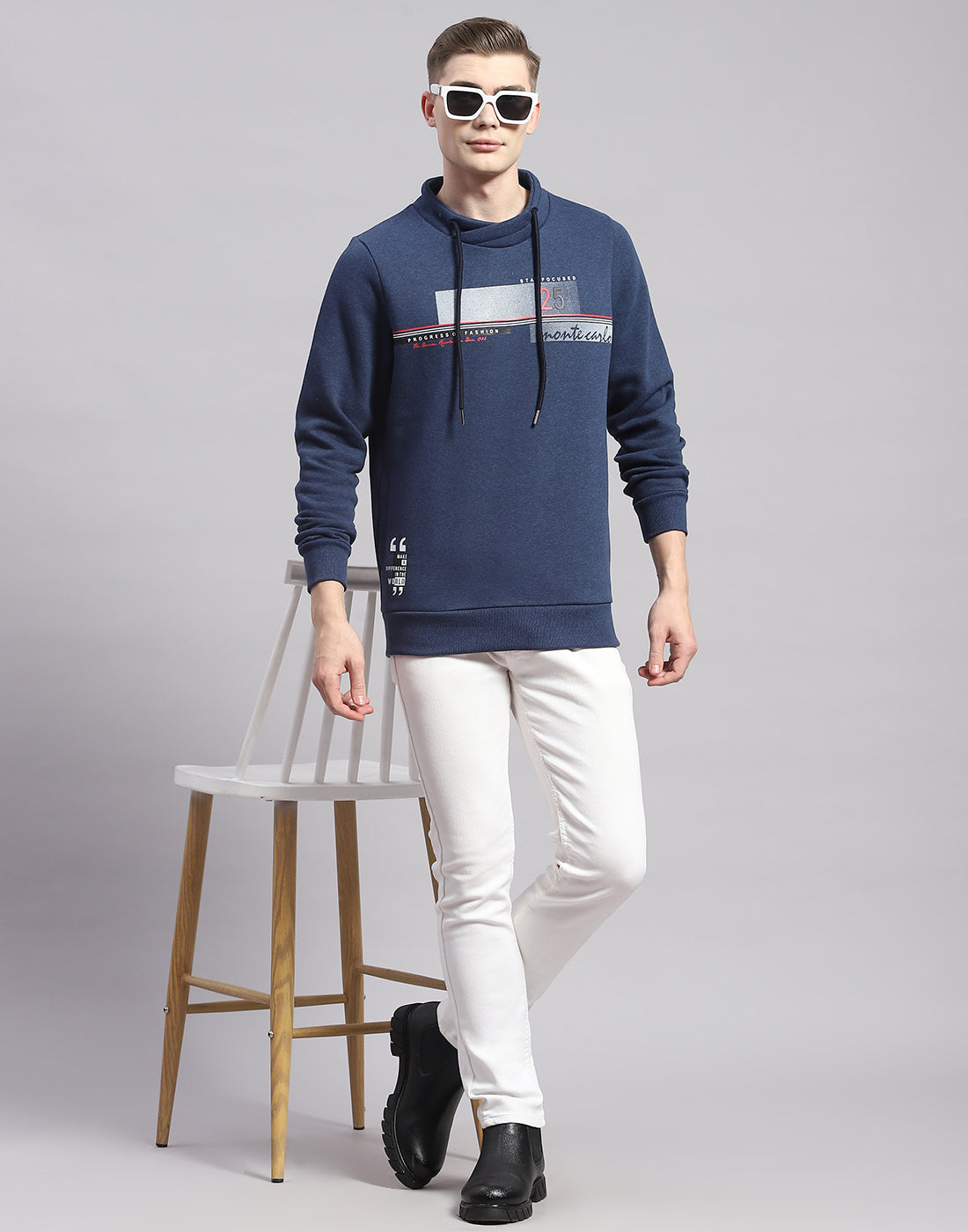 Men Blue Printed F Neck Full Sleeve Sweatshirt