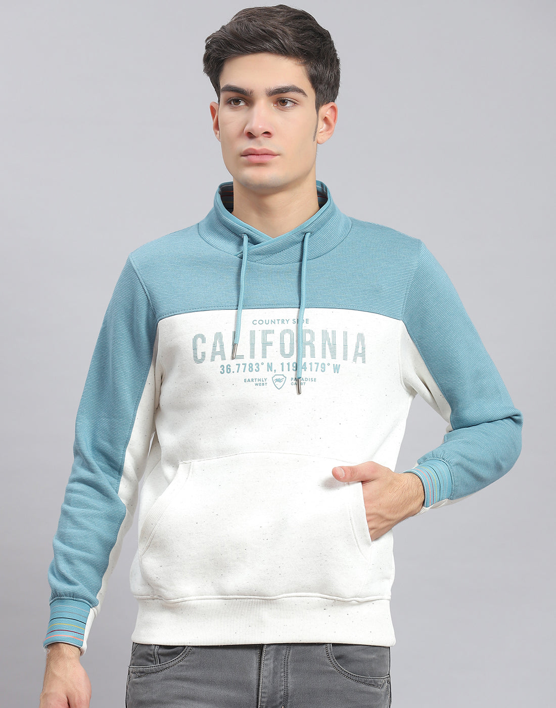 Men Blue Printed F Neck Full Sleeve Sweatshirt